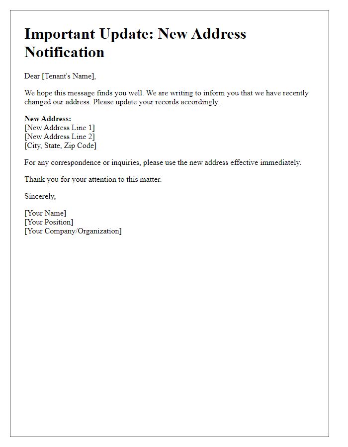Letter template of Update on New Address for Tenants