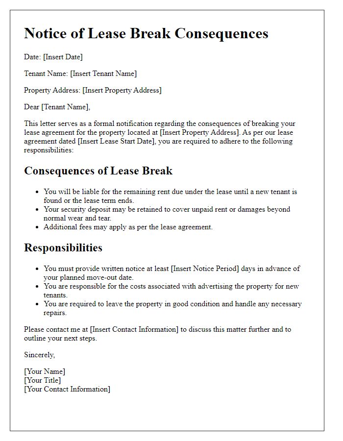 Letter template of lease break consequences and responsibilities