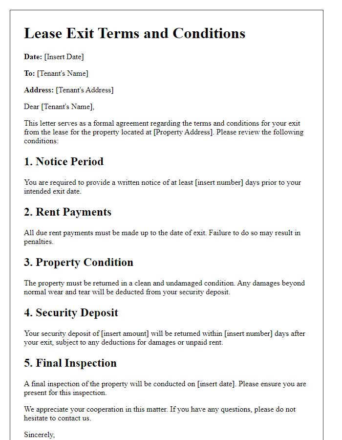 Letter template of lease exit terms and conditions