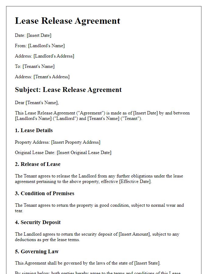 Letter template of lease release agreement provisions