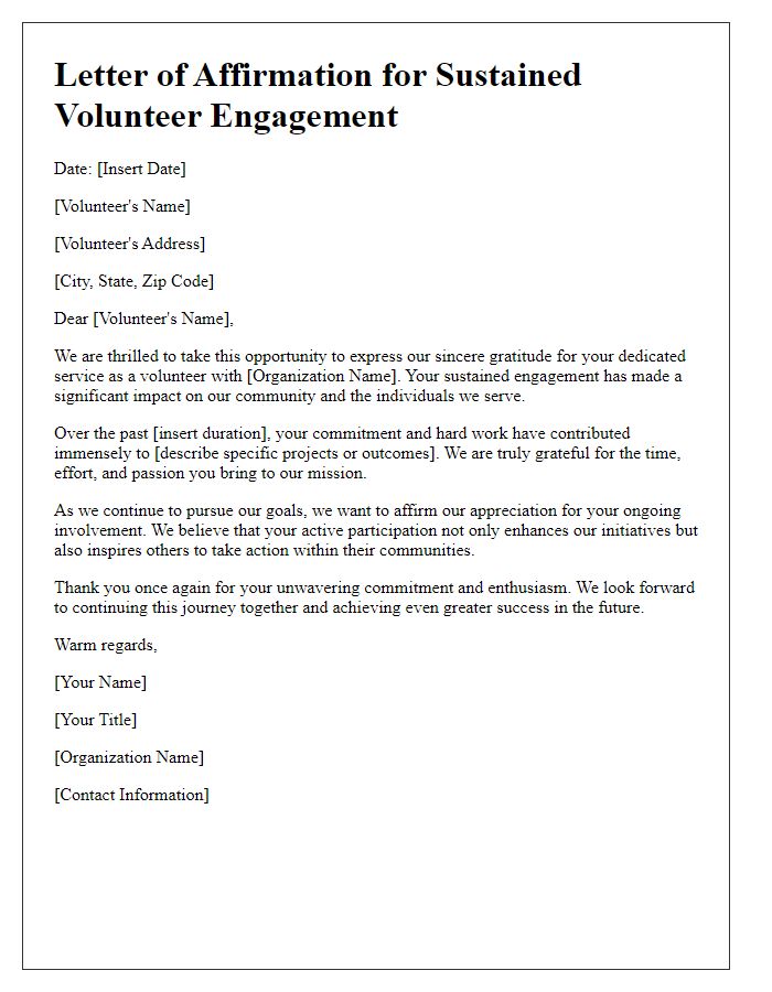 Letter template of affirmation for sustained volunteer engagement