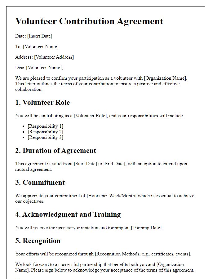 Letter template of agreement for lasting volunteer contributions