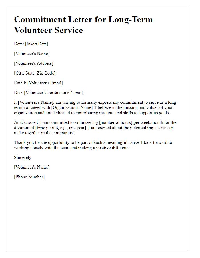 Letter template of commitment for long-term volunteer service