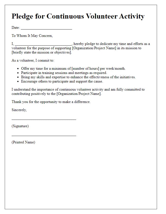 Letter template of pledge for continuous volunteer activity