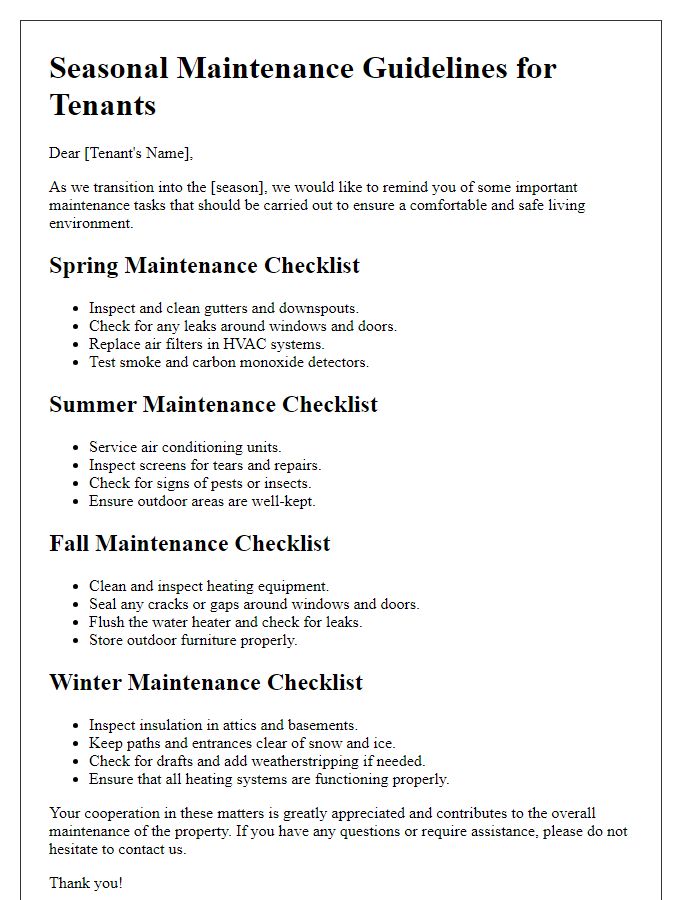 Letter template of seasonal maintenance guidelines for tenants.