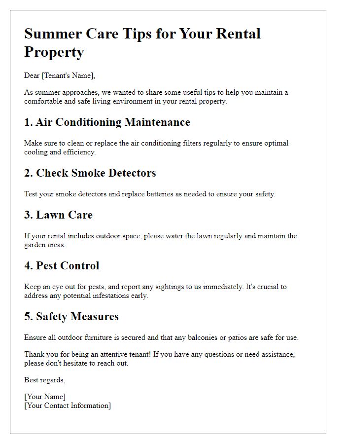 Letter template of summer care tips for rental properties.