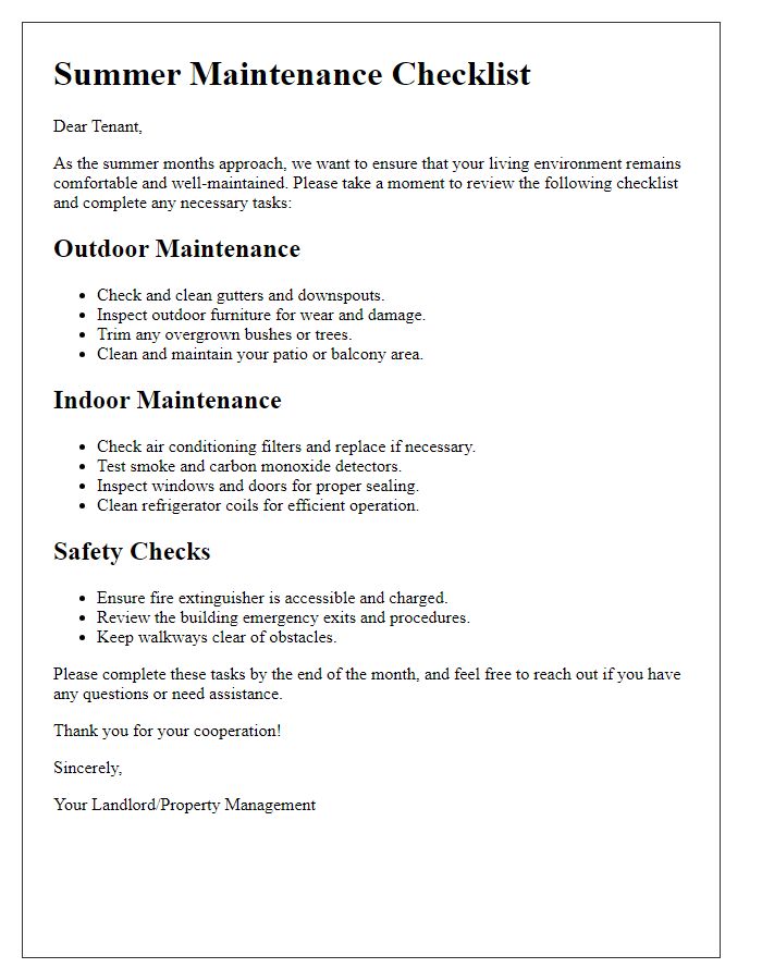 Letter template of summer maintenance checklist for tenants.