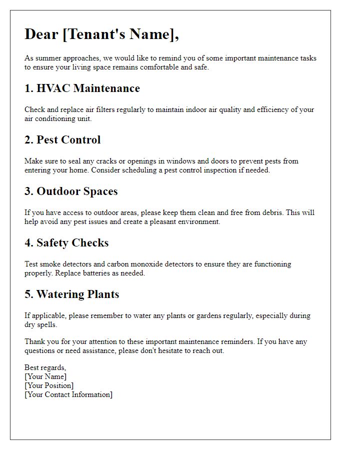 Letter template of summer maintenance reminders for tenants.