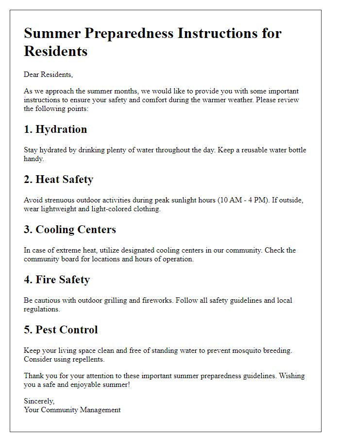 Letter template of summer preparedness instructions for residents.