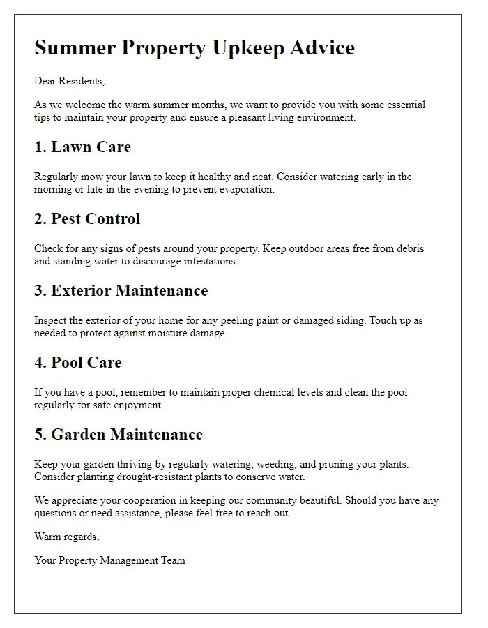 Letter template of summer property upkeep advice for residents.