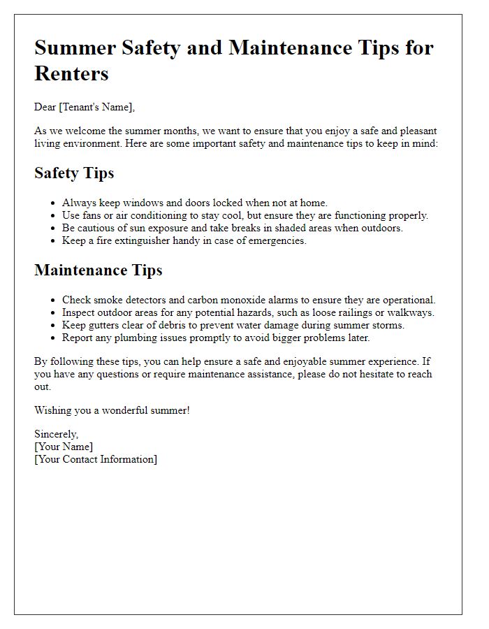 Letter template of summer safety and maintenance tips for renters.