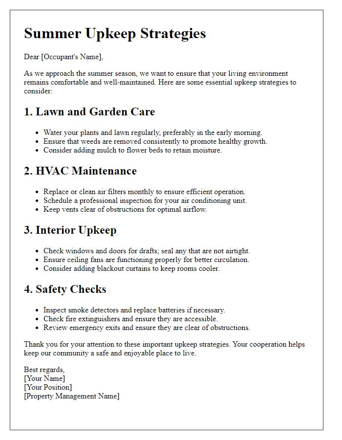 Letter template of summer upkeep strategies for property occupants.