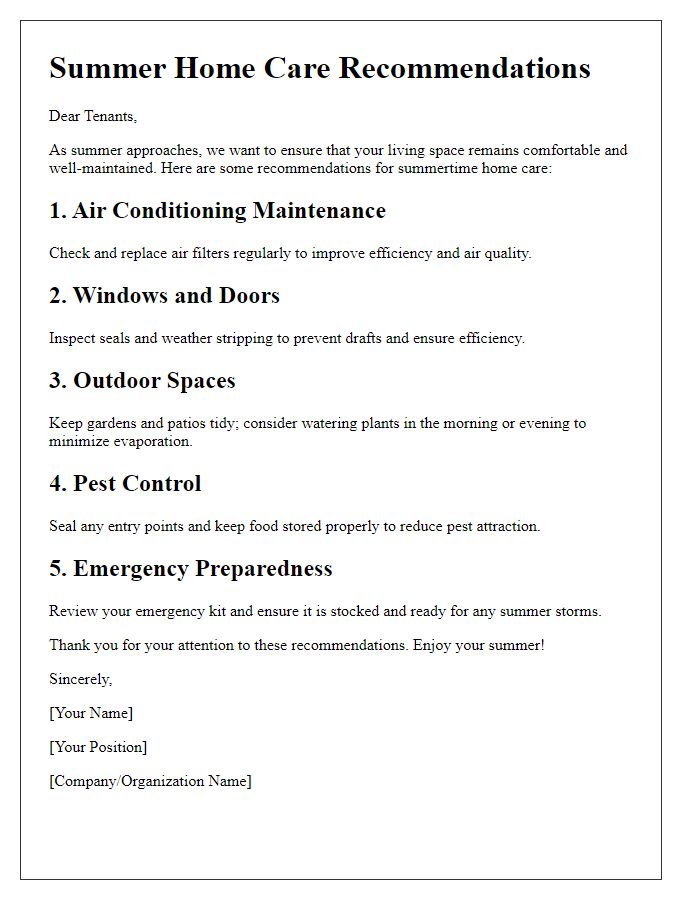 Letter template of summertime home care recommendations for tenants.