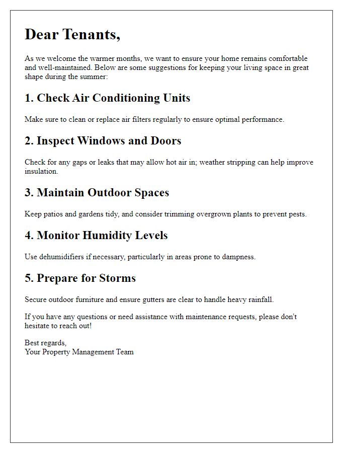 Letter template of warm-weather maintenance suggestions for renters.