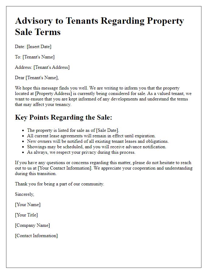 Letter template of advisory to tenants about property sale terms