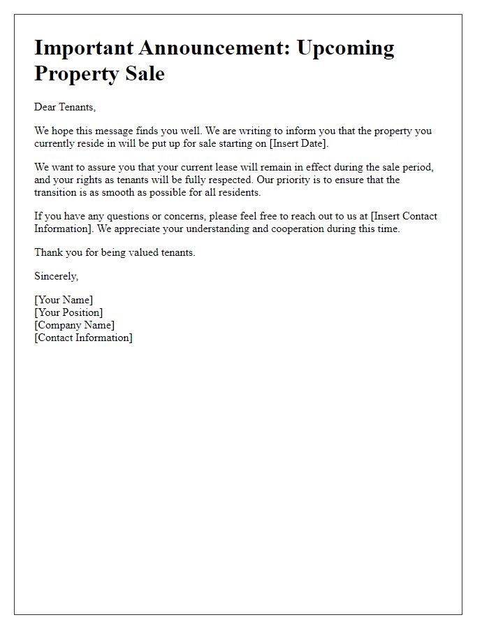 Letter template of announcement to tenants about the upcoming property sale