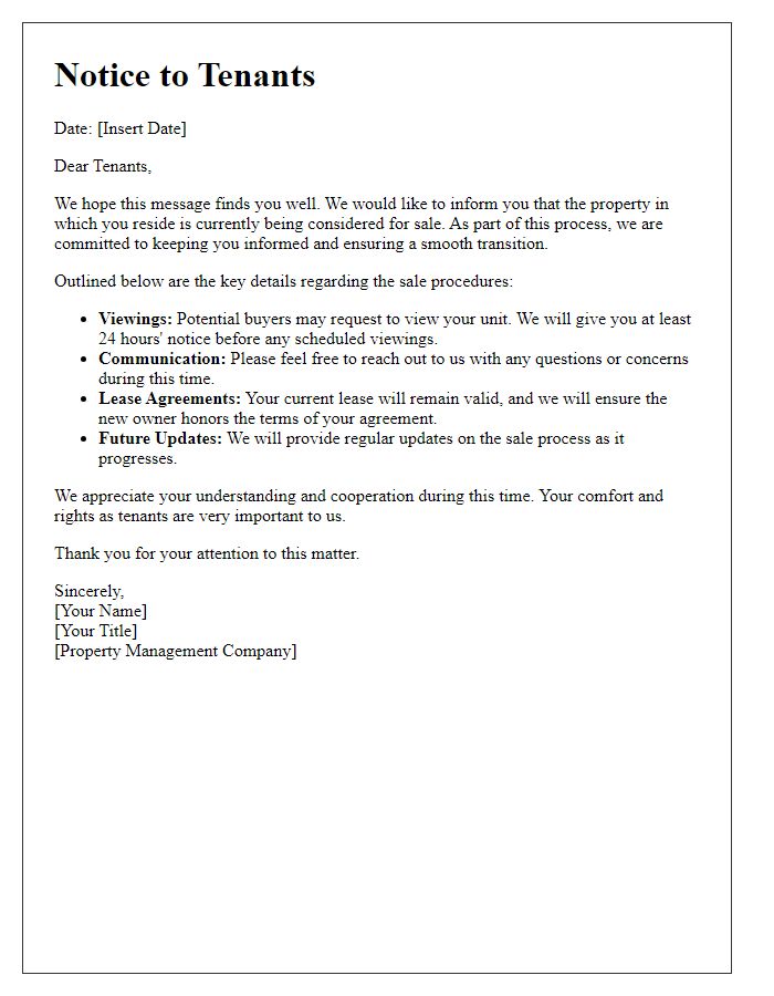 Letter template of communication to tenants on property sale procedures