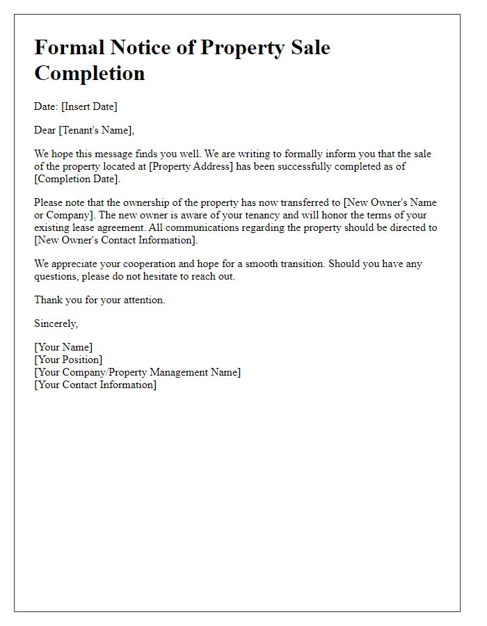 Letter template of formal notice to tenants on property sale completion