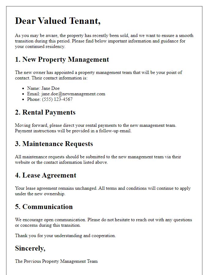 Letter template of guidance for tenants during property transition after sale