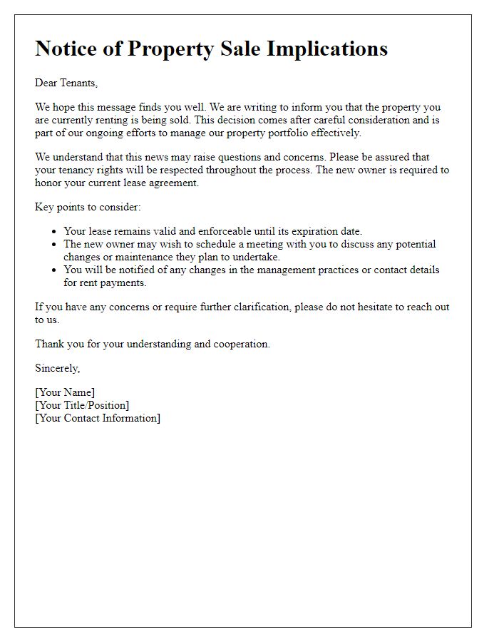 Letter template of notification to tenants about property sale implications