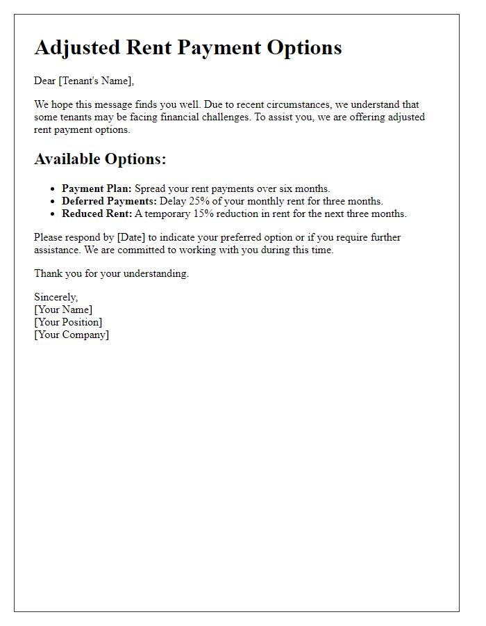 Letter template of adjusted rent payment options