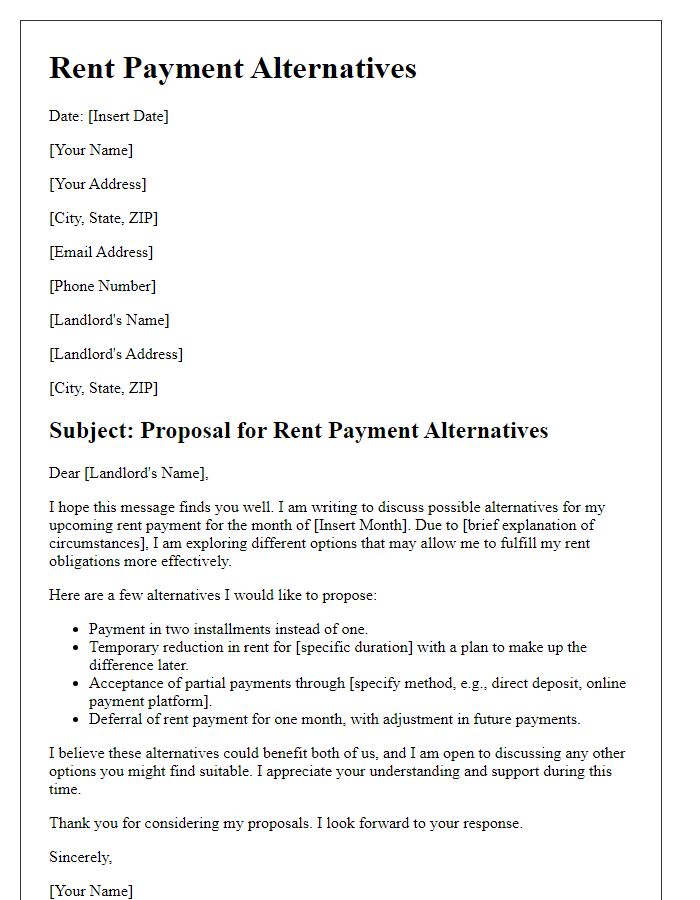 Letter template of rent payment alternatives