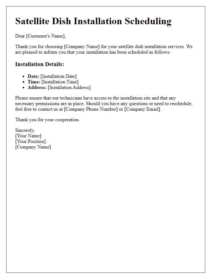 Letter template of satellite dish installation scheduling