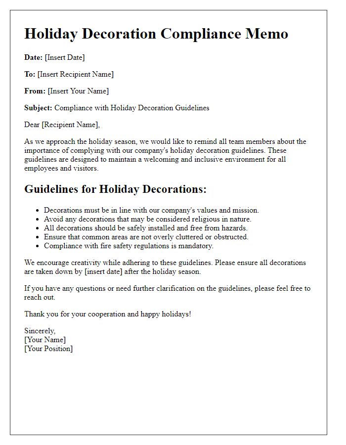 Letter template of holiday decoration compliance memo