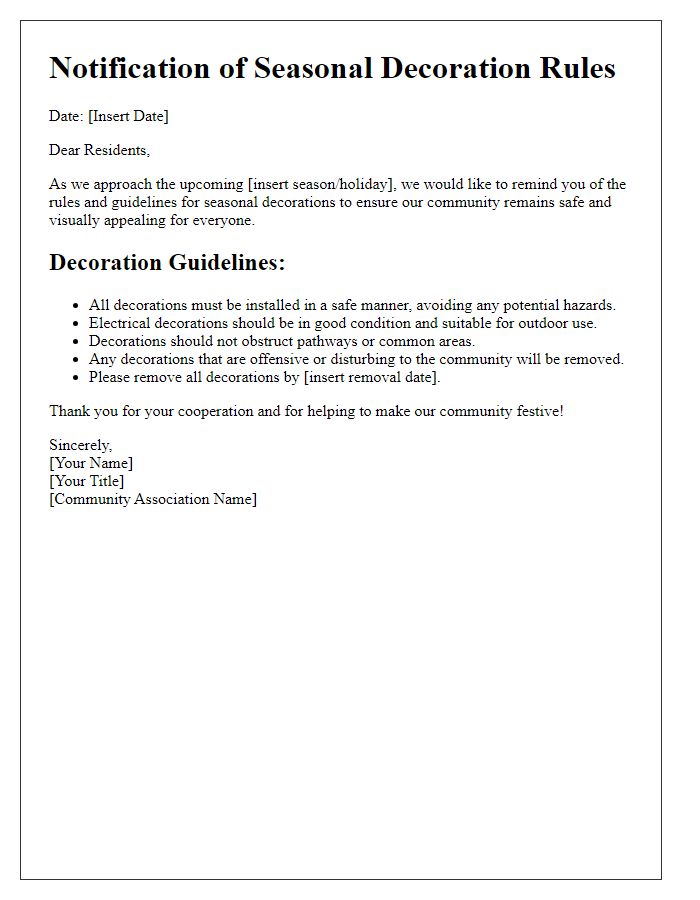 Letter template of seasonal decoration rules notification