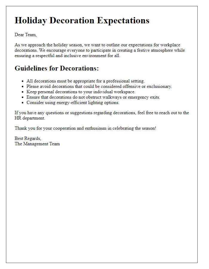 Letter template of workplace holiday decoration expectations