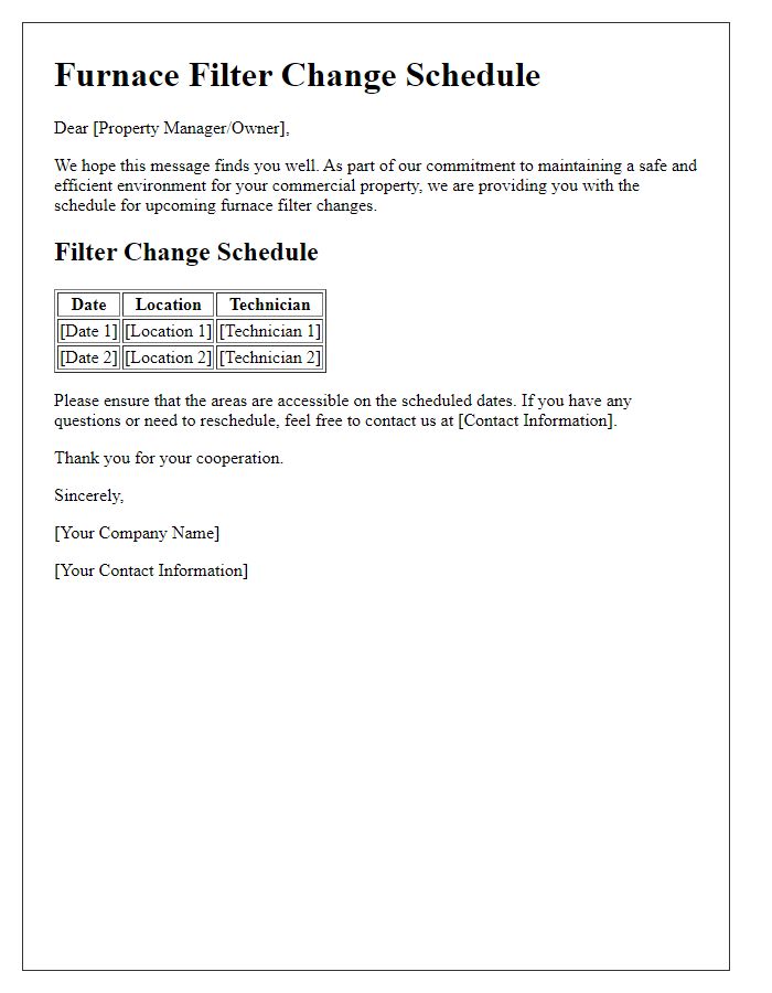 Letter template of furnace filter change schedule for commercial properties