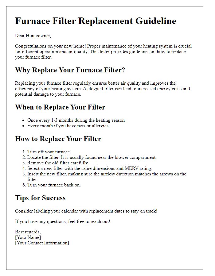 Letter template of furnace filter replacement guideline for new homeowners