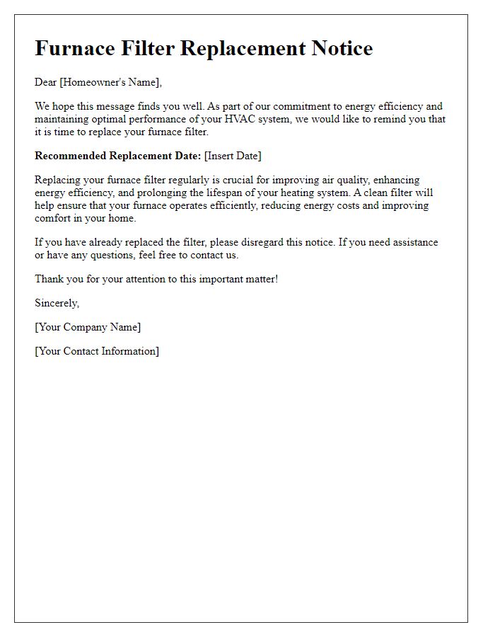 Letter template of furnace filter replacement notice for energy efficiency