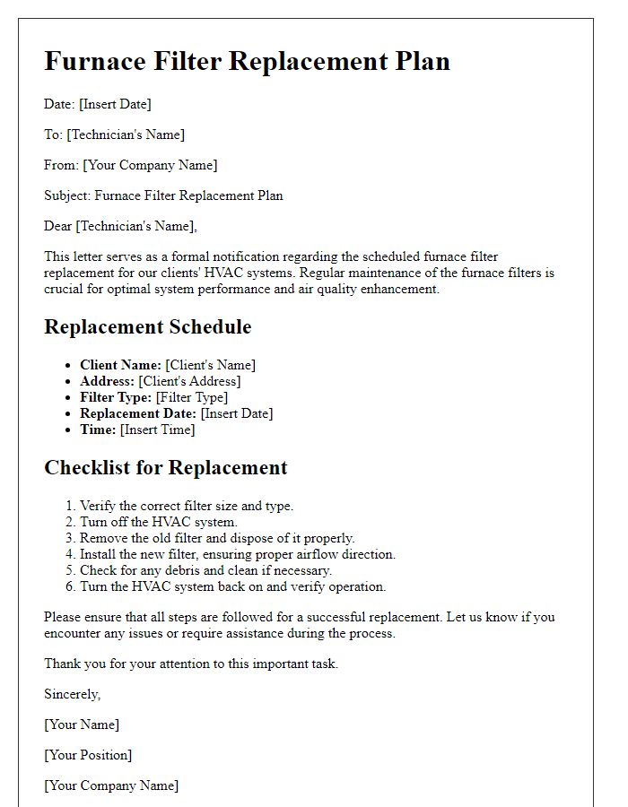 Letter template of furnace filter replacement plan for HVAC technicians