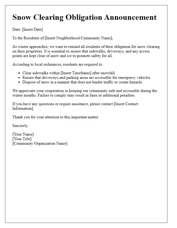 Letter template of snow clearing obligation announcement