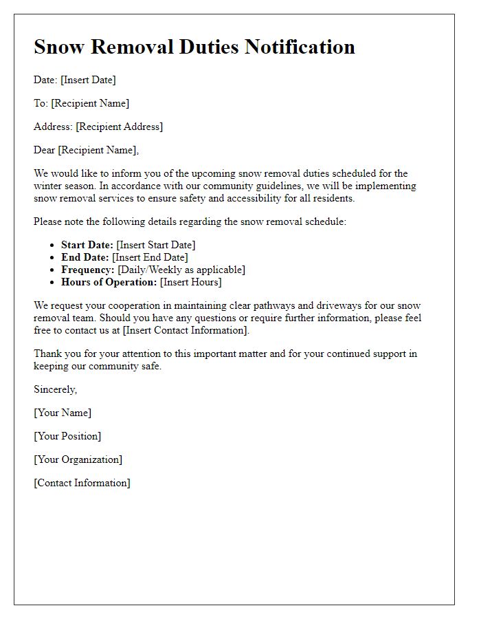 Letter template of snow removal duties notification