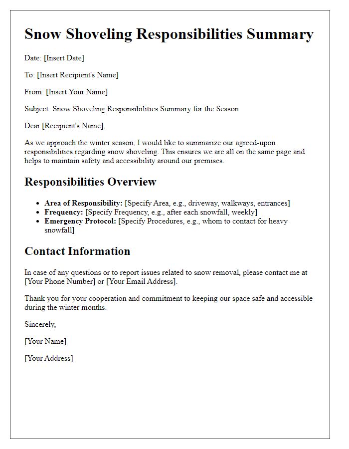 Letter template of snow shoveling responsibilities summary