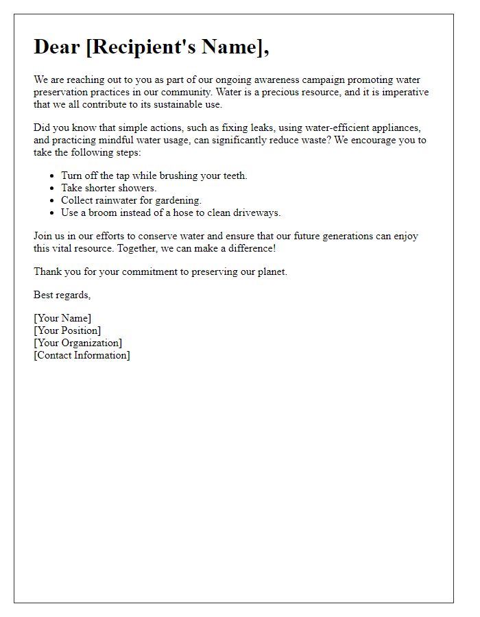 Letter template of awareness campaign for water preservation practices.