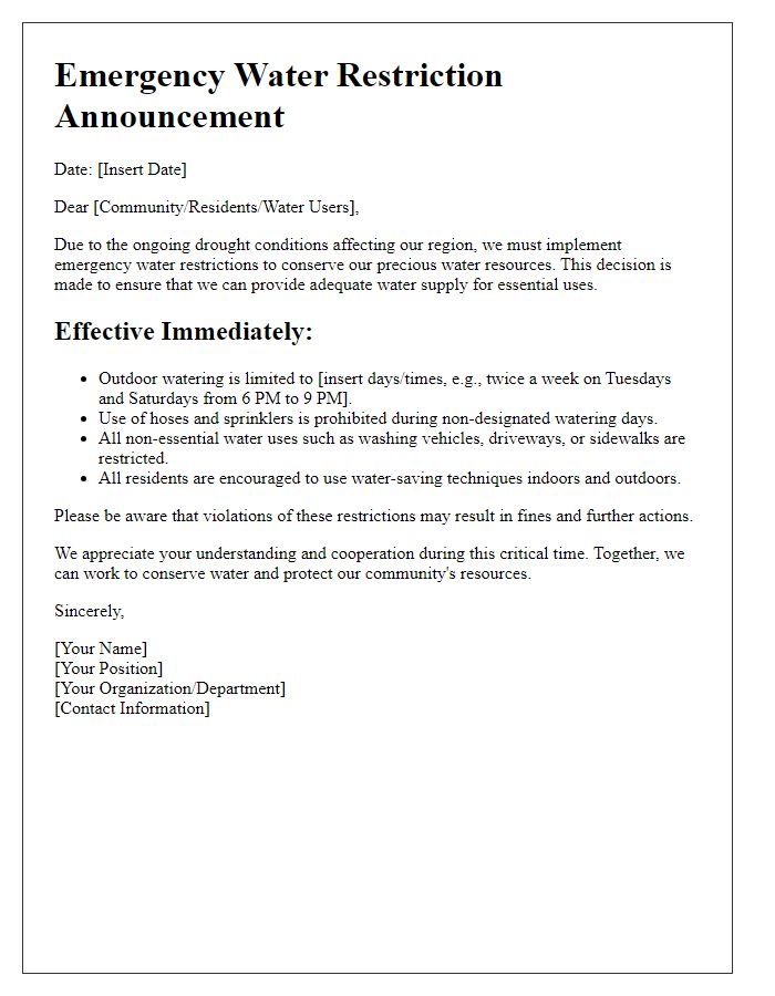 Letter template of emergency water restriction announcement for drought conditions.