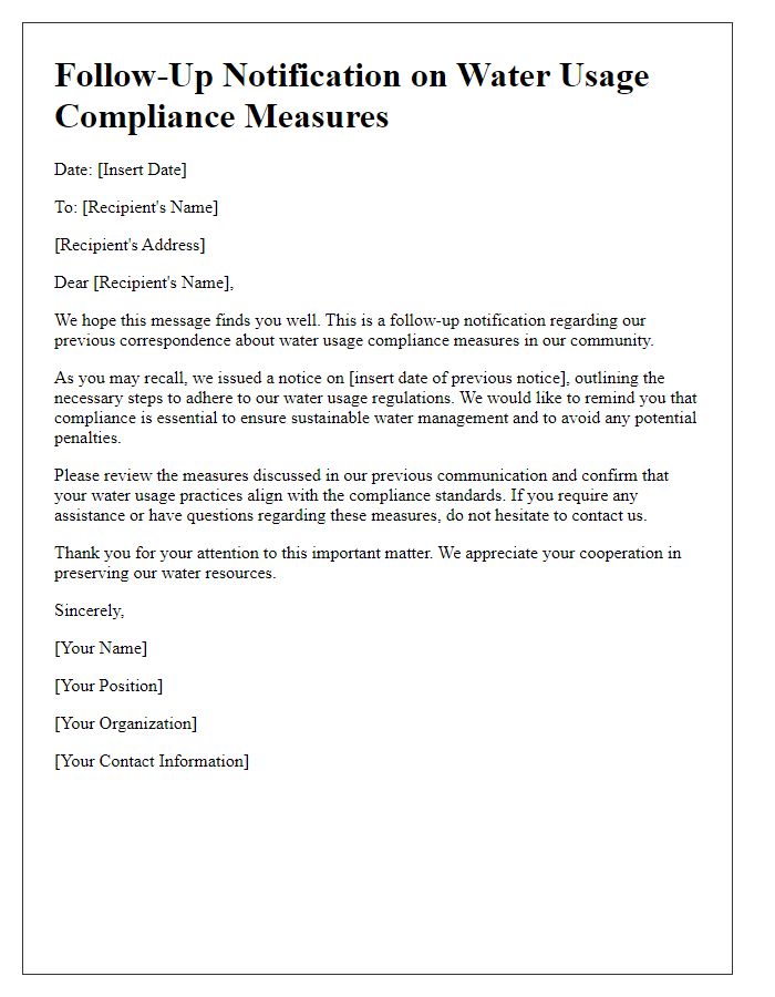 Letter template of follow-up notification on water usage compliance measures.