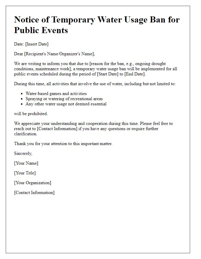 Letter template of temporary water usage ban for public events.