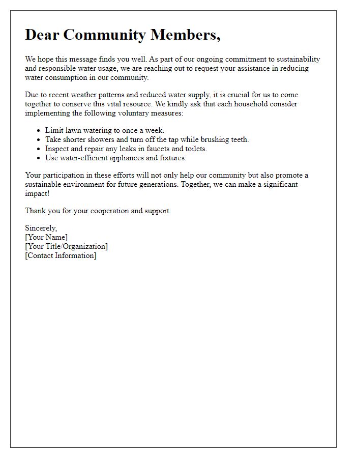 Letter template of voluntary water usage reduction request for community members.