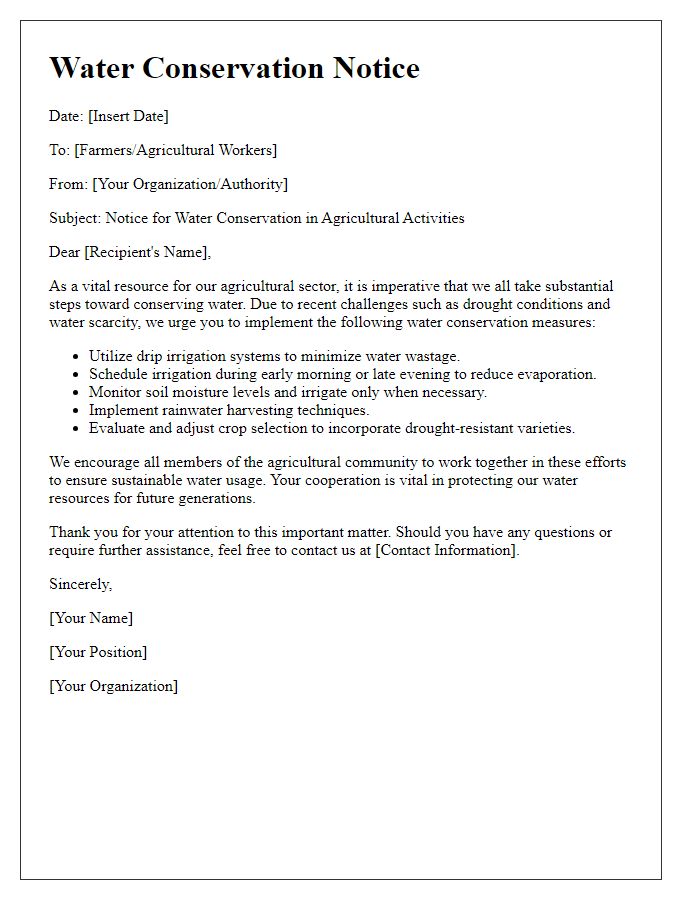 Letter template of water conservation notice for agricultural sectors.