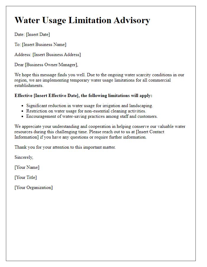 Letter template of water usage limitation advisory for commercial establishments.