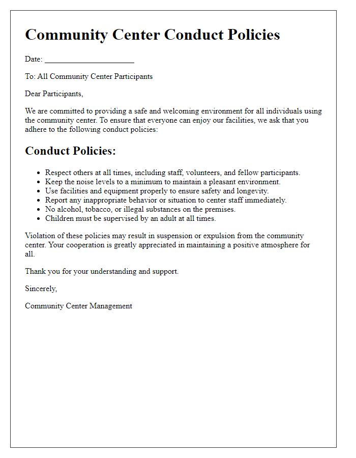 Letter template of community center conduct policies.