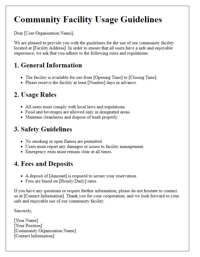 Letter template of community facility usage guidelines.