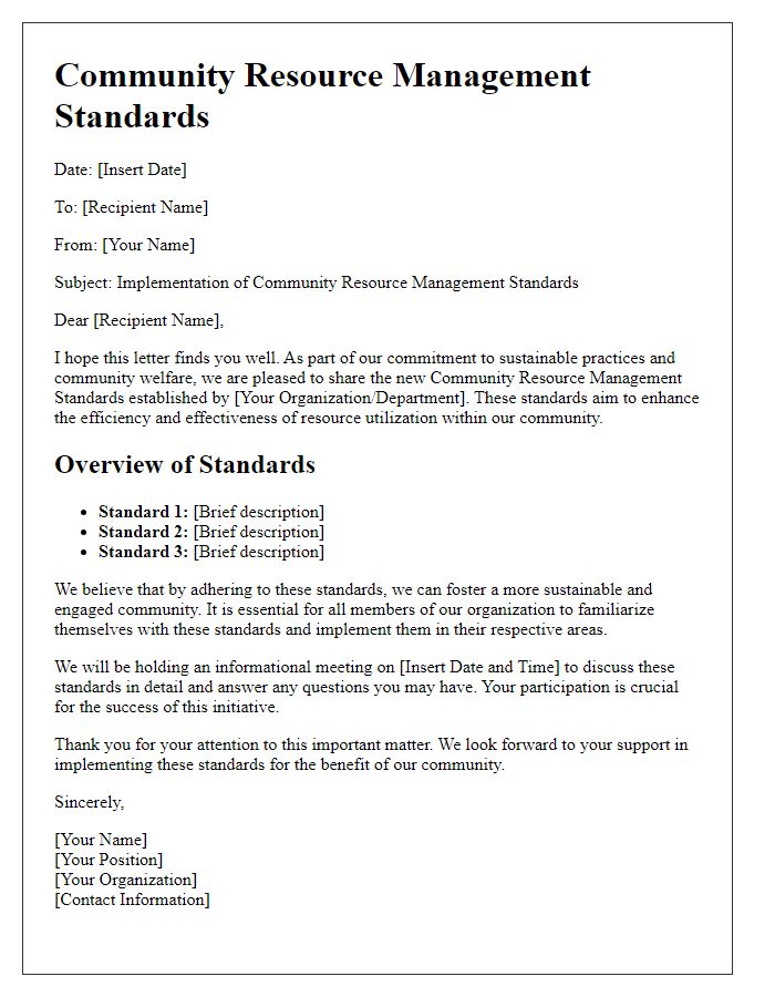 Letter template of community resource management standards.