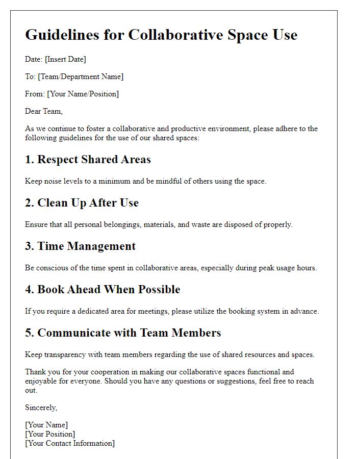 Letter template of guidelines for collaborative space use.