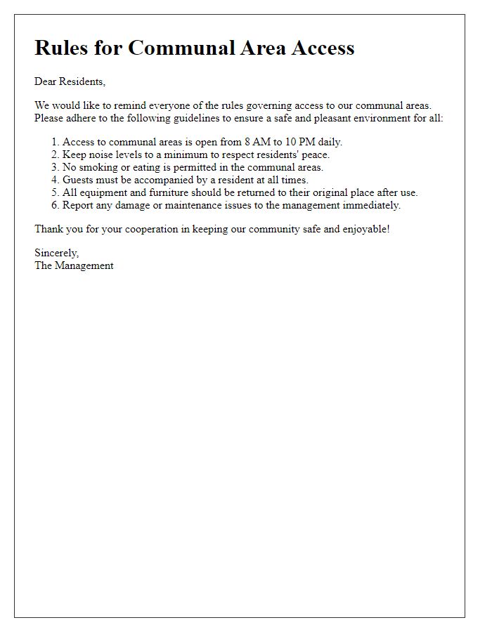 Letter template of rules for communal area access.