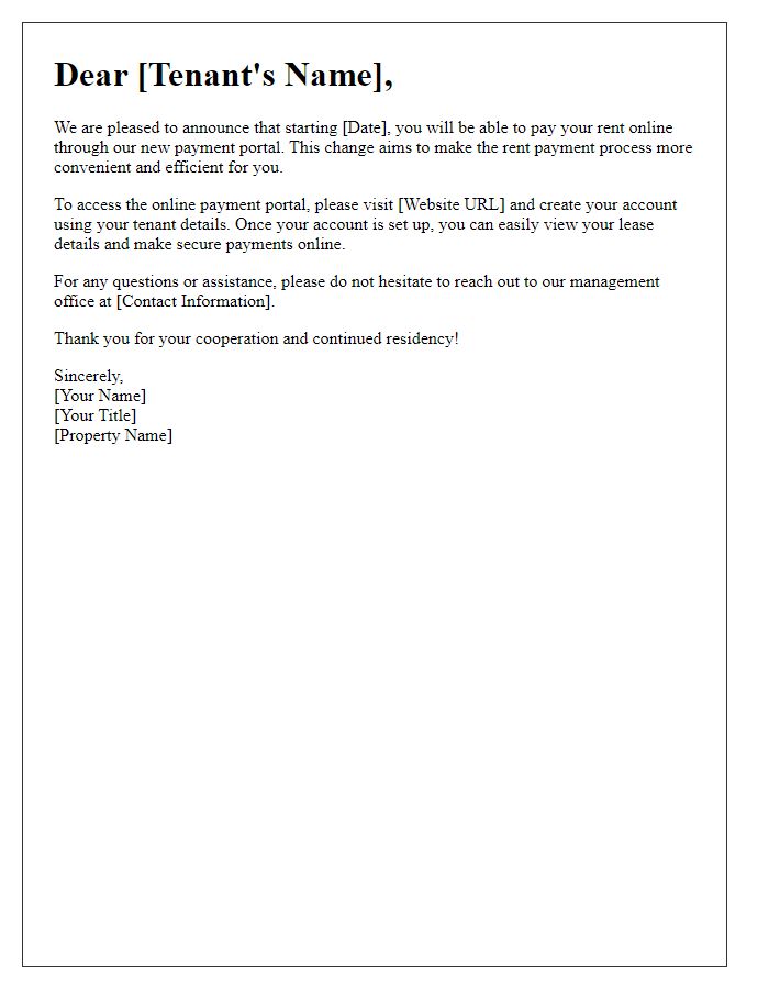 Letter template of online rent payment announcement